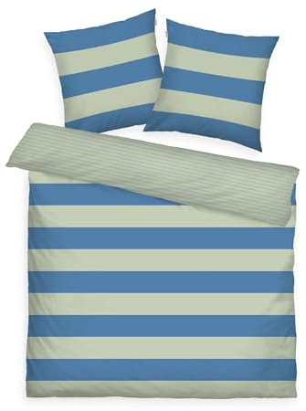 TOM TAILOR Renforcé-Bettwäsche, 2 * 80x80 cm + 200x220 cm, 100% Baumwolle/Renforcé, mit Wendemotiv und farbigem Reißverschluss, Bold Stripes Grün, Blau (Green Leaf & Cool Blue)