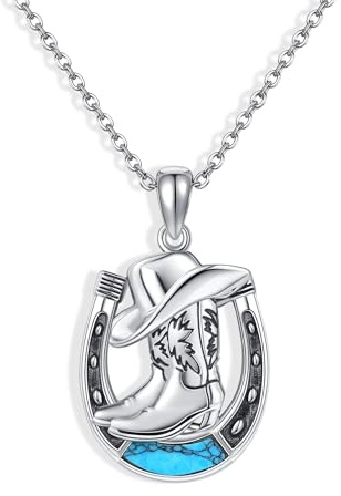 JERWLI Cowboy Boot Halskette mit Glückshufeisen Halskette 925 Sterling Silber Country Halskette Cowgirl Boot Hut Anhänger Halskette Westernschmuck Geschenke für Frauen