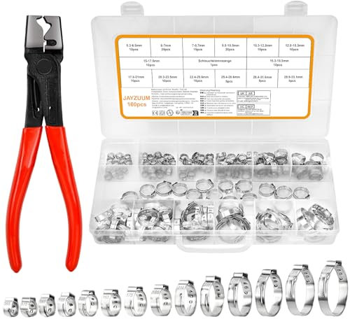 JAYZUUM 160PCS Einohr-Schlauchschellen aus Edelstahl mit Schlauchklemmzange – 14 Größen (5.3-33.1mm) | Robuste Klemmschellen für Schläuche