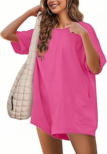 Sukiglam Jumpsuit Damen Elegant Sommer Overall V/Rundhals Kurzarm Lose Romper Casual Weites Bein Latzhosen Kurz Einteiler Strand Outfit Mit Taschen