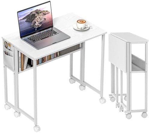 HOMCOM Scrivania Salvaspazio Pieghevole a Ribalta, Scrivania Piccola con Ruote a Freno, Scaffale e Tasca Portaoggetti, Tavolo Computer Richiudibile per Casa, Studio e Ufficio, 80x50x75 cm, Bianco