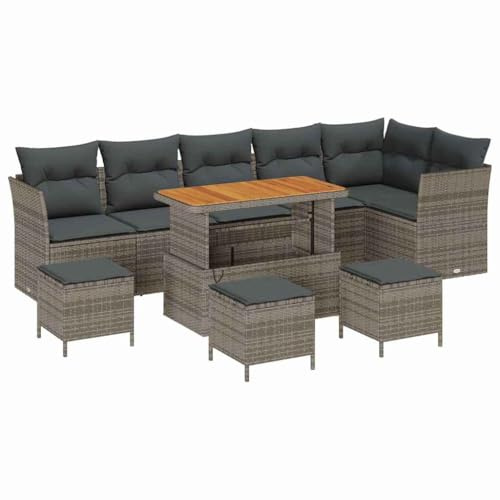 vidaXL 4-Sitzer Modulares Outdoor-Sofa Set mit Kissen, grau, aus Poly-Rattan und Holzrahmen, wetterfest, bequem, für den Garten, Akazie, modernes Design für Terrasse und Lounge, zeitgemäße Kollektion