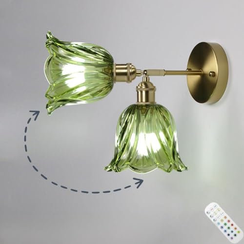 LOGT Akku Wandleuchte Innen Gold USB Aufladbare Wandlampe mit Fernbedienung und Touch Dimmbar Wandleuchten Verstellbar Kabellos Nachttischlampe RGB Batterie Grün Glas Wandbeleuchtung Drehbar Timer