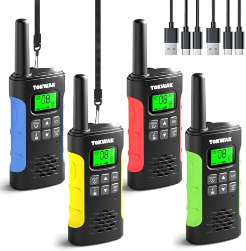 Walkie Talkie 4er Set Aufladbar für Kinder Erwachsene Große Reichweite 3KM | 16 Kanäle Walky Talky mit 1000mAh Li-ion Akku VOX Taschenlampe USB-C, PMR446 Funkgeräte Set für Freien, Camping, Wandern
