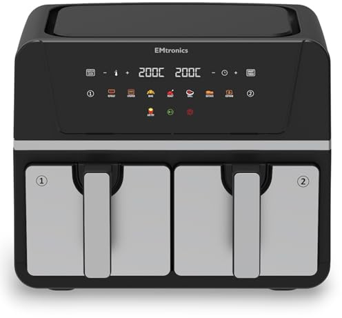 EMtronics 9L Dual Zone Air Fryer 2400W Family Size, 8 Preset Cooking Mode, Match Cook & Smart Finish Functions, 9 Litre - Stainless Steel