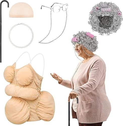 6-teilig Oma Kostüm Set für Damen, Alte Frau Verkleidung für Erwachsene | Großmutter Outfit Zubehör mit Grau Perücke & Gehstock Polster-Set, Brillenkette, Perlenkette für Karneval & Mottoparty