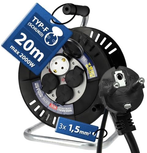 Kabeltrommel 20m IP44 mit 4 Schuko Steckdosen -Kabelrolle 3×1,5 mm² 2000W