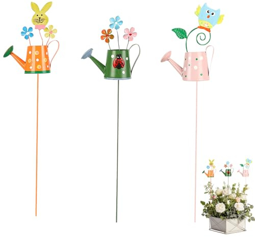 3er Pack Gartenstecker, Metall Gartendeko für Draußen Wetterfest, Gießkanne, Blumen und Hase Gartenstecker Bunte Blumenstecker Frühling Osterdeko Blumenpfähle für Garten Rasen Hof Outdoor Dekoration