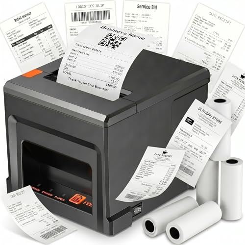 Fuhuihe Stampante POS Termica 80mm con Taglierina Automatica e 5 Rotoli di Carta - 300mm/s per PC Windows, USB LAN Bluetooth