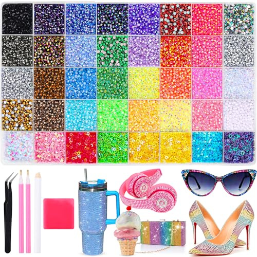 Kanmeii 30000pcs Nail Art Rhinestones Bedazzling Kit,32 Colors 3mm Flat Back Rainbow Gems with Pick Up Tweezers & Pen and 8 Colors Nail Face Glitter for DIY Crafts Clothing Shoes Nail Art Makeup