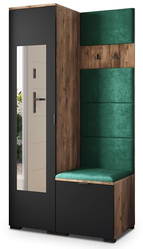 Masseno Flugarderoben Set VIRA, Kleiderschrank-Set mit Spiegel und Sitzbank, Garderobenschrank Flur mit 3 Regalböden, Eiche Lefkas/Schwarz