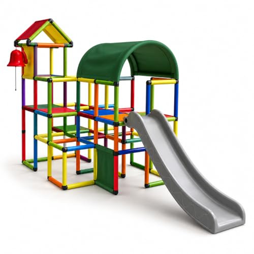 Moveandstic Linus Klettergerüst mit Rutsche & Glocke, Spielturm Kinder Indoor & Outdoor, Kletterturm aus Kunststoff, UV-beständig, TÜV/GS geprüft, erweiterbar, 134 x 305 x 184 cm, bunt