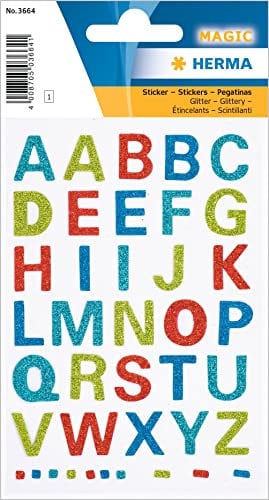 HERMA Buchstaben Aufkleber Glitzer, 40 Stück, selbstklebend, groß, Kinder Alphabet Sticker Klebebuchstaben A-Z aus Folie zum Aufkleben DIY Basteln, bunt mehrfarbig