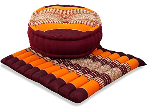livasia Meditationsset L - Ø 38x15cm / Matte 50x50x4,5cm - Yogaset mit Kissen und Matte, Pouf, Yogamatte und Yogakissen mit Kapok handgefertigt, Bodenkissen Outdoor, Zafukissen (Orange)