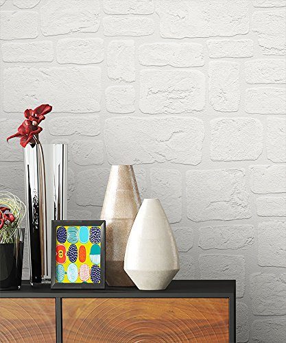 NEWROOM Steintapete Tapete Weiß Mauer Stein Modern Papiertapete Papier moderne Design 3D Optik Steintapete Ziegelstein Backstein Mauerwerk Klinker Loft inkl. Tapezier Ratgeber