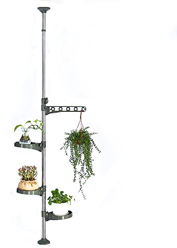 BAOYOUNI Espositore per Piante da Interni a 4 Piani Supporto per Fiori Flower Pot Stand Facile da Montare con Barra Telescopica in Acciaio Inox Altezza Regolabile da 90 a 140cm o 135 a 185cm -Grigio