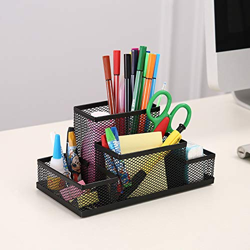 Mesh Pencil Holder Creative Desk Organizer Black Wire Mesh Pen Container Pen Pot Stationery Storage Case Multi-Functional Storage Box Table Tidy Organizer Four-in-one Pencil Holder