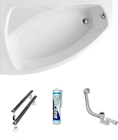 ECOLAM® Badewanne Eckbadewanne Acryl Frida Polimat weiß 140x90 cm LINKS + Ablaufgarnitur Ab- und Überlauf Automatik Füße Silikon Komplett-Set
