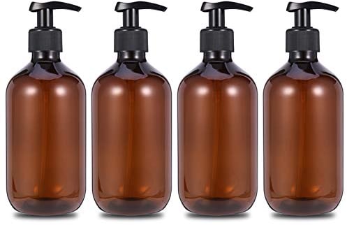 olyee 4 Pack 17oz Pump Dispenser Bottles, 500ml Refillable Empty Lotion Liquid Soap Pump Bottle for Oil, Emulsion Shampoo, Pump Lotion, Bathroom, Liquid Makeup Bottles(Brown)
