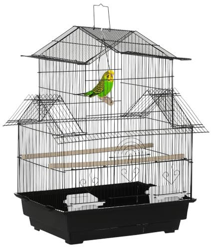 PawHut Bird Cage with Stand Handle for Finch Canary 43.5 x 33 x 63 cm Black | Budgie Cage, Slide Tray