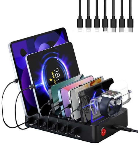 Acocodi USB Ladestation Multi Dock 6 Ports 68W Smart Schnellladedockstation für mehrere Geräte, kompatibel für Phones lPad lwatch Stand Tablet Mehrere Geräte (6 Kabel inklusive)