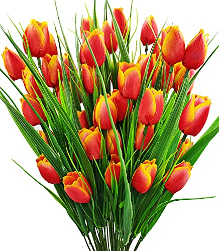 Guagb Künstliche Tulpen für den Außenbereich, UV-beständig, Kunstkunststoff, Grünsträucher, Pflanzen für Zuhause, Außenbereich, Garten, Veranda, Fenster, Bauernhaus-Dekoration, Orange, 8 Bündel
