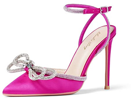 Zhabtuc Scarpe col Tacco Alto da Donna, Sandali con Lacci e Fiocco in Raso e Strass, Punta affilata, Cinturini con Fibbia alla Caviglia, Raso Rosa, 41 EU