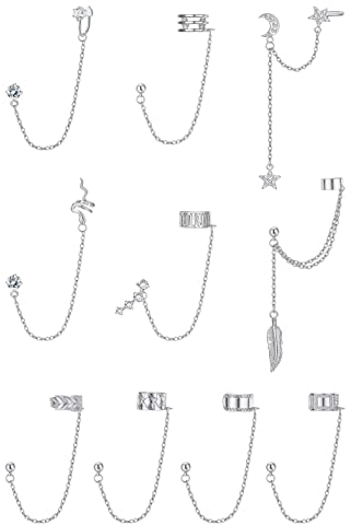 ADRAMATA 10 Stücke Ohr Manschette Ohrringe Kette für Damen Schlange Feder Ohr Manschette Kreuz Mond Stern Ohr Bergsteiger Helix Knorpel Crawler Ohrringe Quaste Gold Silver Ear Cuff Earrings für Damen