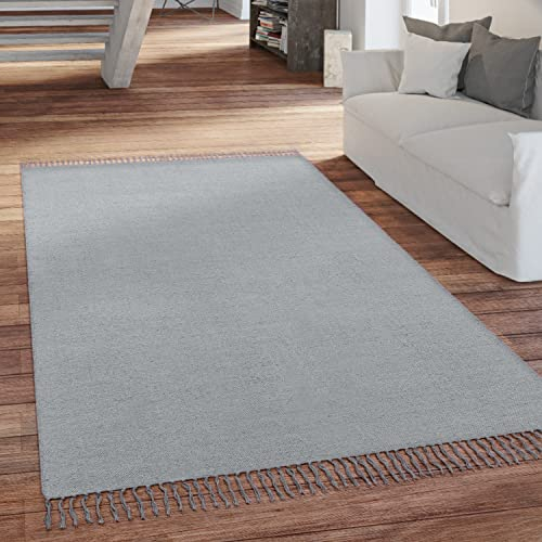 Paco Home Teppich Wohnzimmer Schlafzimmer Boho Style Flachgewebe Modern Baumwolle Mit Fransen Handgearbeitet Einfarbig, Grösse:120x160 cm, Farbe:Grau