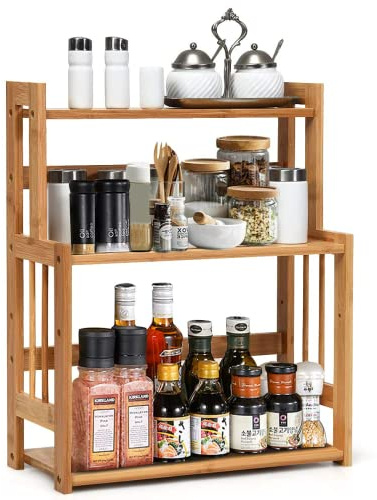 RELAX4LIFE Portaspezie da Tavolo con 3 Ripiani in Bambù, Scaffale Salvaspazio per Spezie da Cucina, Organizer e Contenitore con Grande Capacità e Altezza Regolabile, 41 x 18 x 50 cm