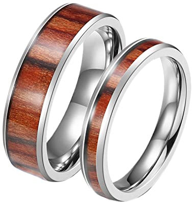 Gualiy Ehering Titan mit Gravur, Verlobungsring für Mann und Frau 6mm 4mm Silber Ring Eingelegt Holz Größe Damen 60 (19.1) + Herren 65 (20.7)