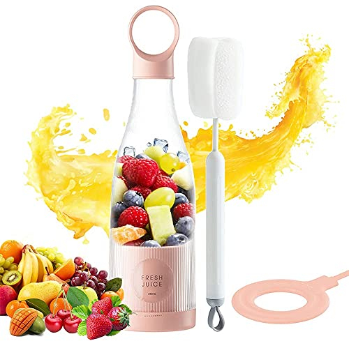 Blender Smoothie, 450ML Mixeur Blender Portable Mini, Mixeur de Jus Frais USB Rechargeable, Blender Bouteille, Smoothie Mixer Bottle Multifonctionnel (Rose)
