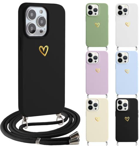 ZhuoFan Handykette Hülle für Samsung Galaxy A50/A30S/A50s Hüll 6,4, Schutzhülle Silikon mit Band Kordel Muster aus goldenen Herzen umh?ngen STO?festes M?dchen Cover für Samsung A30S/A50s,Schwarz