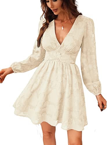CUPSHE Women's Lace Mini Dress Long Sleeve Floral Print A Line Dress for Party Bodycon Dress Ivory A M