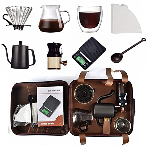 LMPN Hand Coffee Gift Set, V60 Filter Cup Strainer, Portable Coffee Kit Maker, Mannal Grinder, Dripper, 600ml Kettle, Glass Server, 250ml Mug, Timer Scale, Travel Bag