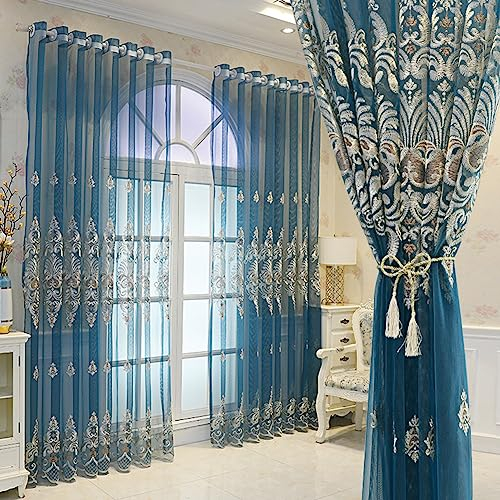 Lsimeru Vintage Blumen Vorhang Wohnzimmer Schlafzimmer Transparent mit Ösen Blau 3D Barock Luxus 2er-Pack Ösenvorhang Gardinen Halbtransparent Ösenschal Dekoschal Gardinenschal,140x245