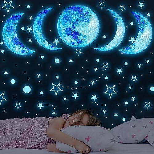 Wandtattoo Leuchtmond Wandaufkleber leuchtsticker Phase des Mondes Leuchtsterne Leuchtpunkte Wanddeko Kinderzimmer Wohnzimmer Schlafzimmer Babyzimmer Kind Junge Mädchen Wandsticker Selbstklebend Blau