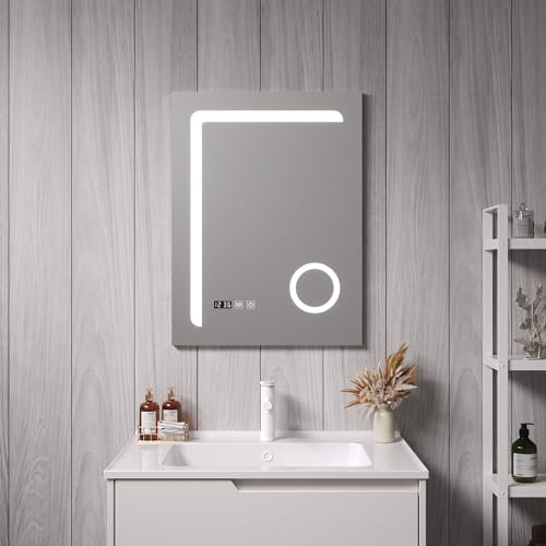 pro.tec Espejo de Pared con LED para Baño con Lupa 3X Reloj Interruptor Táctil Instalación Vertical IP65 3 Opciones de Temperatura de Luz Blanca Aluminio 80 x 60 cm - Plateado