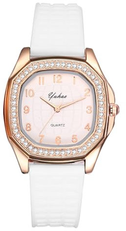 Avaner Montre pour Femme Montres à Strass Quartz Analogique: Montre de Sport Carrée étanche Bracelet en Silicone Montre pour étudiante-Blanc