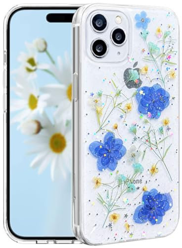 CEOKOK for iPhone 11 Pro Case Clear with Real Pressed Flowers Design Bling Glitter Cute Sparkly Real Dried Blue Violet Floral Slim Soft TPU Protective Shockproof Women Girl's Phone Cover