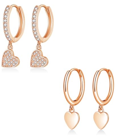 Loutade 925 Sterling Silber Creolen Mit Anhänger - 2 Paare Ohrringe Mit Herz Hängend Rose Gold, Hypoallergene Knorpel Schlafen Herz Ohrringe für Damen