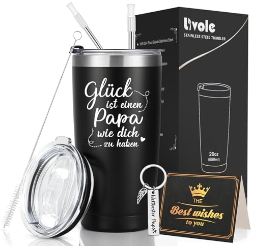 Livole Geschenk Vatertag, Vater Tochter Geschenk, Geschenke für Papa, Glück ist einen Papa wie dich zu habe, Weihnachtsgeschenke für Papa, Schlüsselanhänger, Glückwunschkarte, 600ml Thermobecher to go