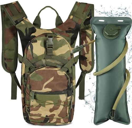 Neloheac Militär Trinkrucksack Rucksack mit 3L Trinkblase, 15L Taktischer Wander Tagesrucksack für Wandern MTB Radfahren Camping Laufen, Camoflage
