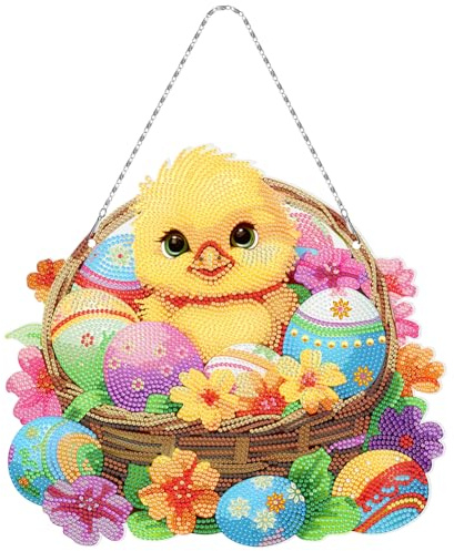 Starnearby DIY Diamond Painting Ostern Anhänger, 5D Diamant Painting Ostern Deko, Diamant Malerei Hase Bilder Kranz Set mit Kette, Einseitig Wandbehang Kits für Fenster Wand Und Eingang Decor