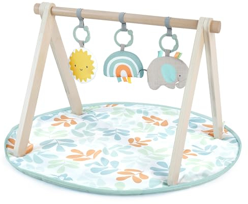 ity by Ingenuity Sun Valley Holzspielzeugbogen & Spielmatte, faltbare A-Rahmen-Stange mit 3 abnehmbaren Spielzeugen, waschmaschinenfeste Matte, Unisex, für Alter 0-36 Monate