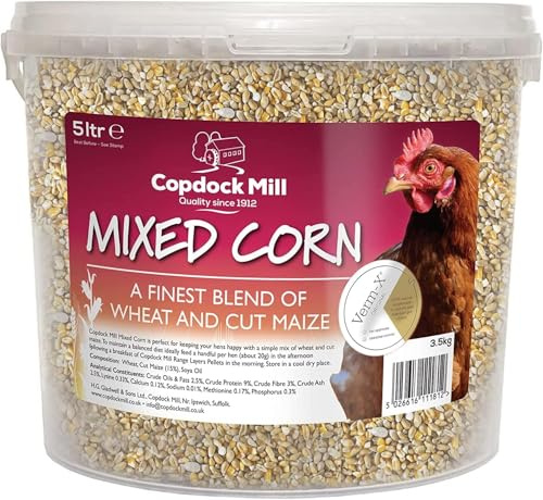 Copdock Mill Mixed Corn Chicken Feed with Verm-X 5L Tub - Poultry & Ducks Food with Wheat & Maize - Verm-X Herbal Wormer (Pack of 5)
