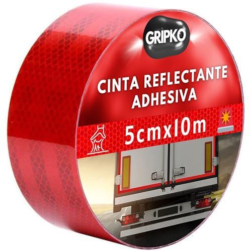 Gripko Cinta Reflectante Adhesiva Roja 10Mx5cm - Cinta de Seguridad para Alta Visibilidad Nocturna - Resistente a Condiciones Extremas - Ideal para Coches, Camiones, Motos, Remolques y Manualidades