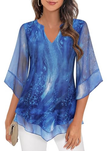 ACDAY Blouses for Women UK Dressy Casual Tops Plus Size Top for Womens Floral Holiday Party Outfits Flared 3/4 Sleeve Tunic Shirt for Women uk Fashion Romantic Loose Blouse Tops Blue