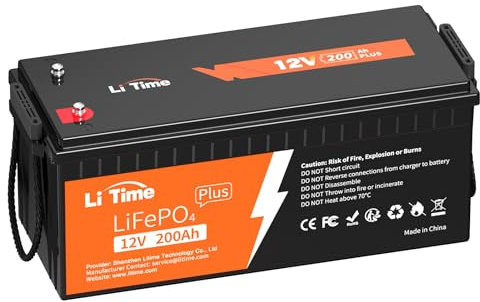 LiTime 12V 200Ah Plus Lithium Batterie LiFePO4 avec 200A Protection BMS et Max.15000 Cycles Profonds, Maximale 2560W, sans Entretien Parfait pour Camping-Car, Bateaux, Système Solaire
