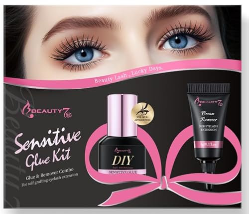 Beauty7 Eyelash Extension Glue with Remover Kits for DIY Cluste Lash, 1s Fast Dry and 10 Days Retention, Eyelash Adhesive Self Application for Sensitive Eyes, Beginners